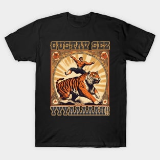 Funny vintage circus strong man tiger shouting yelling T-Shirt